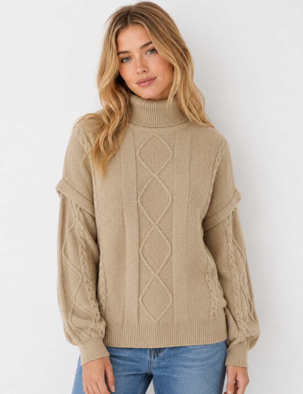 Ladies Turtleneck Cable Knit Drop Shoulder Sweater