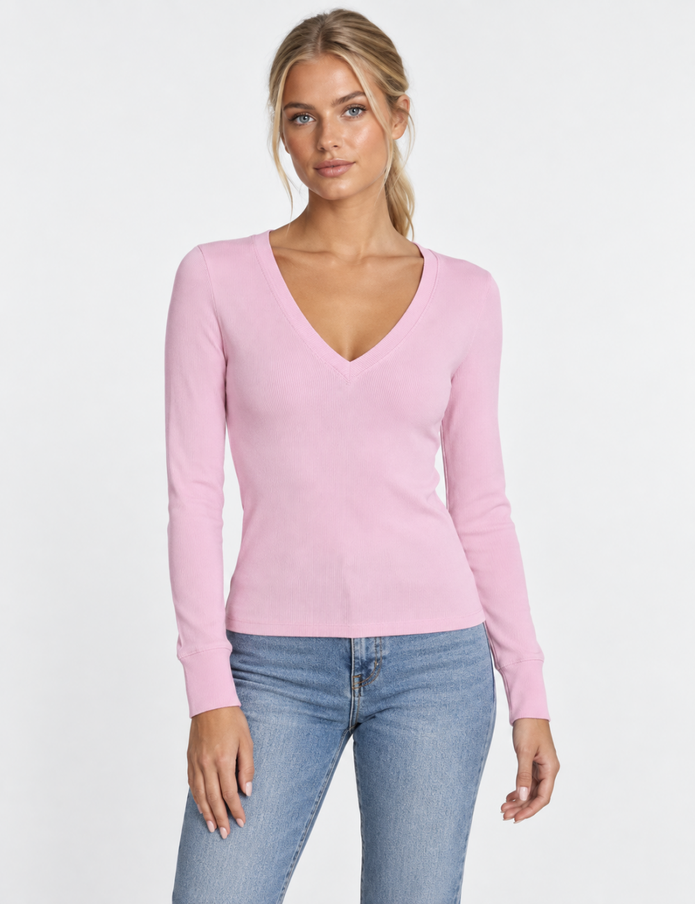 Ladies V-Neck Ribbed Knit Long Sleeves Top