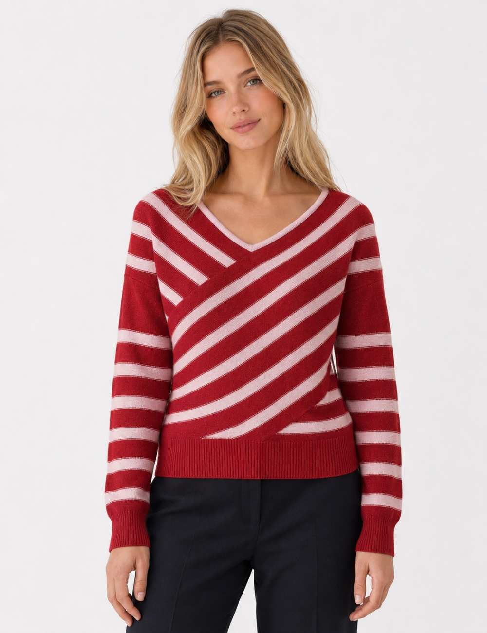 Ladies V Neck Striped Off Shoulder Long Sleeve Sweater