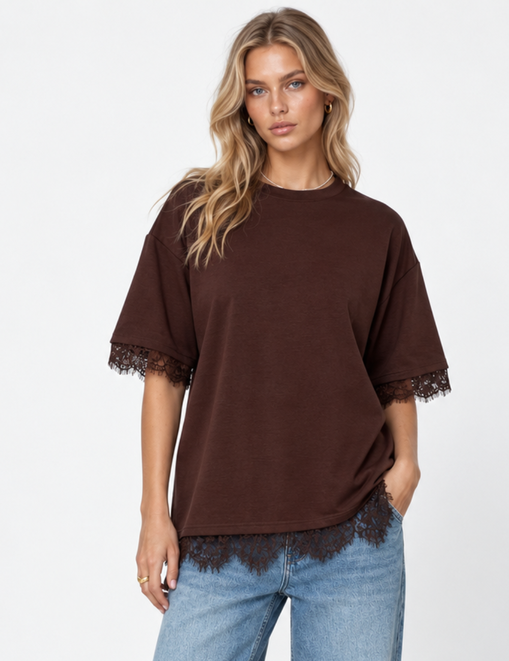 Ladies Lace Trim Split Back Solid Color Pullover T-Shirt
