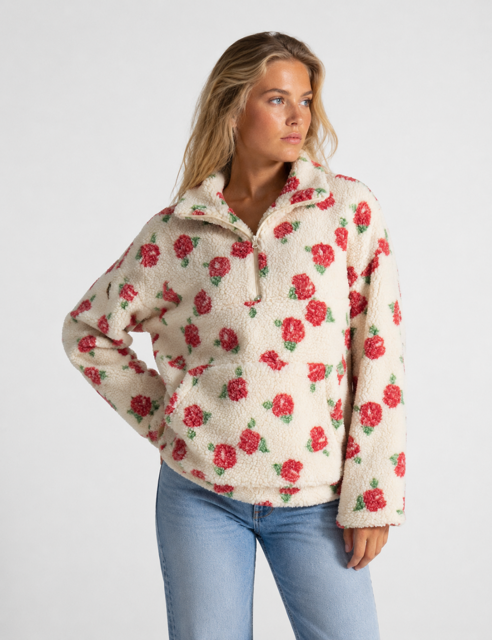 Ladies Casual Floral Pattern Zipper Front Fleece Pullover Sweatshirt