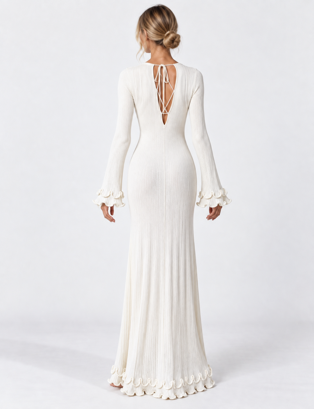 Ladies Round Neck Ruffle Flare Sleeves Ribbed Knit Maxi Dress