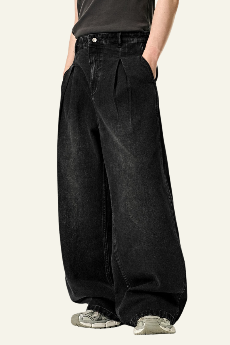 Men's Streetwear Washed Vintage Pleated  Wide Leg Jeans