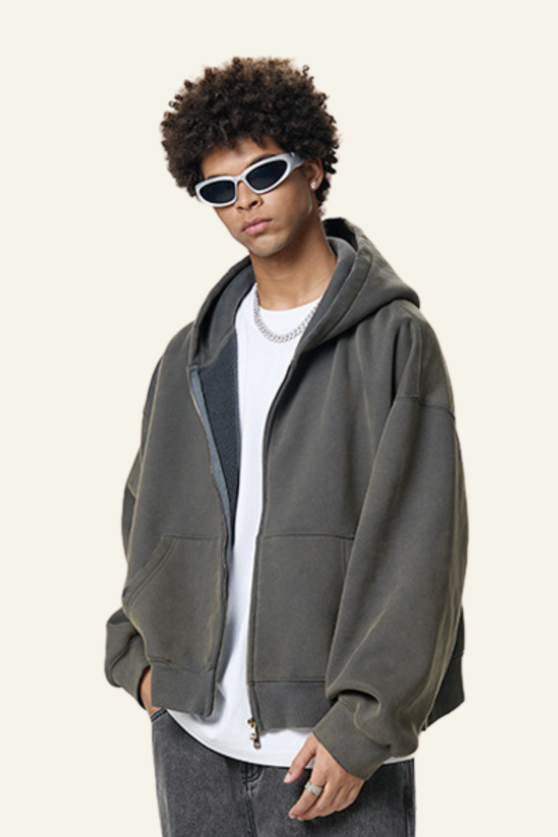 Men's Heavyweight Washed Full Zipper Hooded Jacket
