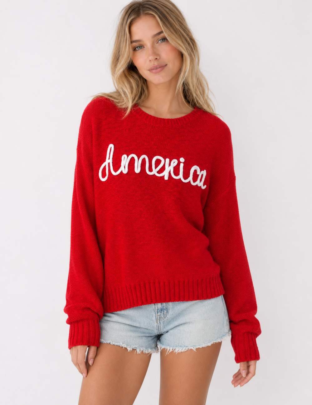 Ladies America Embroideries Low Round Neck Sweater