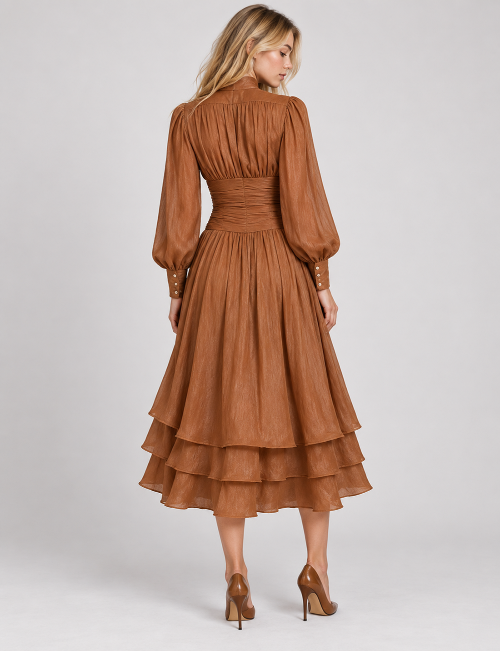 Ladies Puff Sleeves Ruched Button Tiered Midi Dress