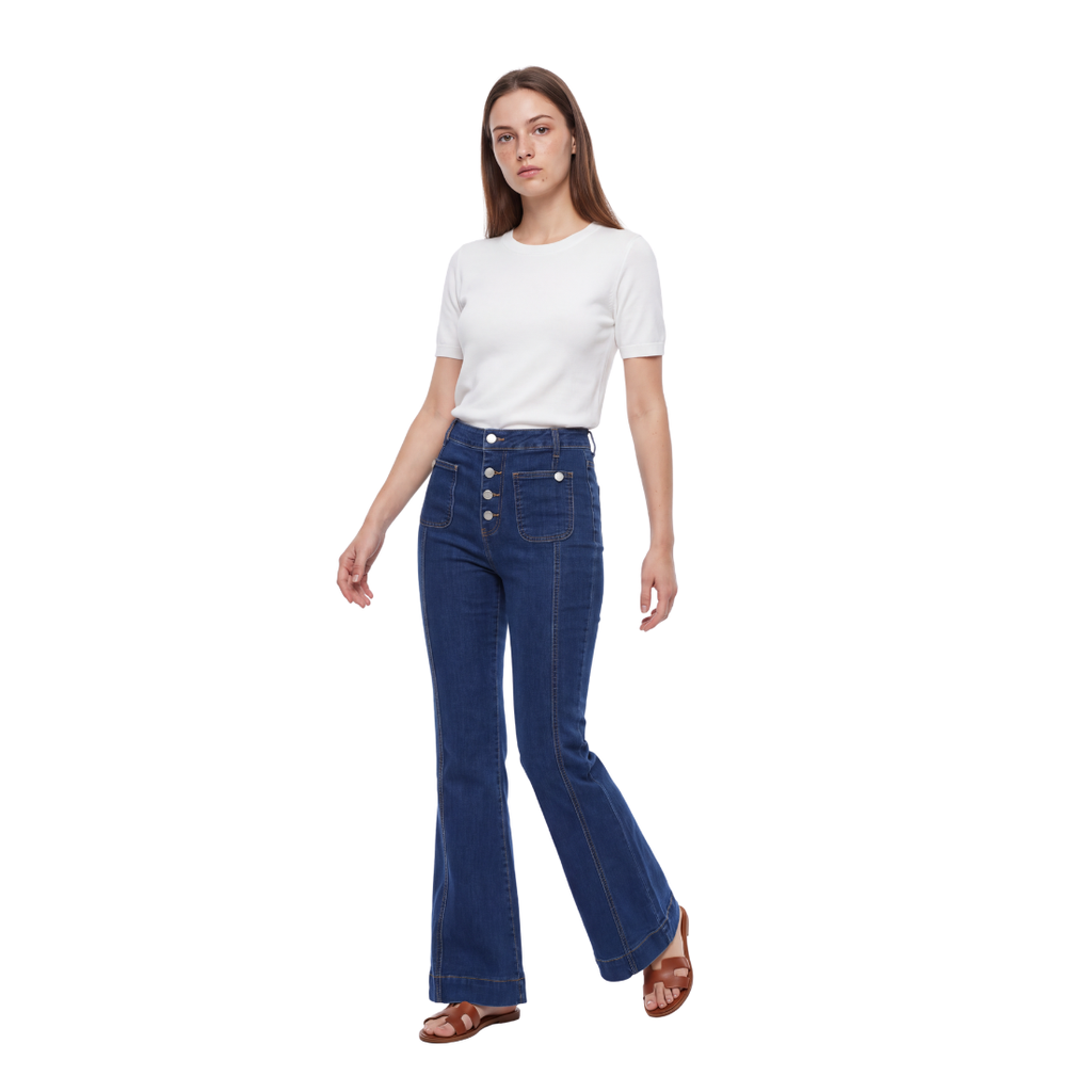 Women's High Waist Button Fly Stretch Flare Jeans