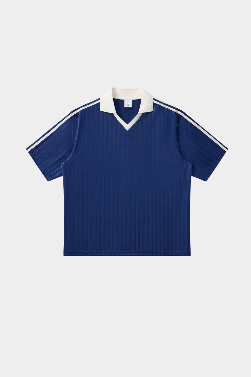 Color-blocked collegiate style V-neck short-sleeved top