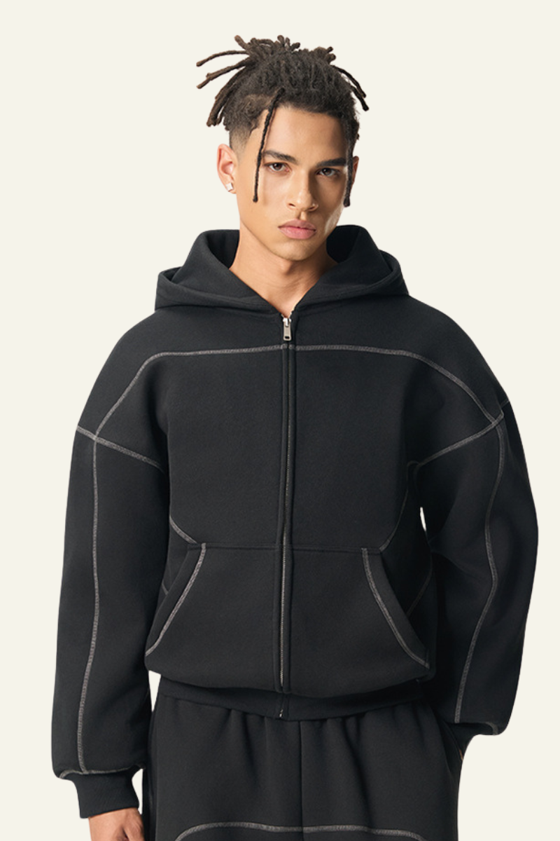 Men's Streetwear Contrast Stitch Hooded Jacket