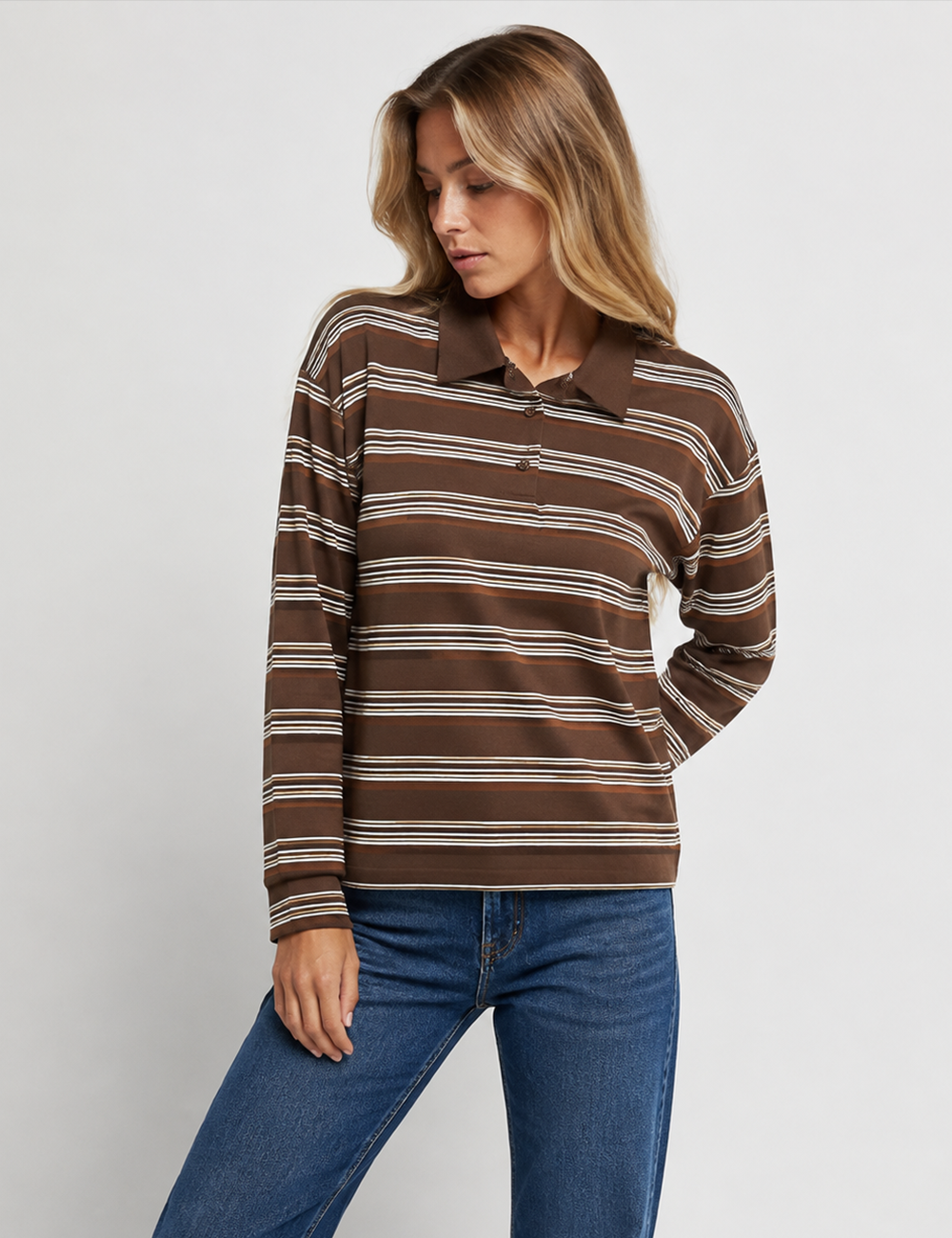 Ladies Casual Striped Polo Collar Long Sleeves Top