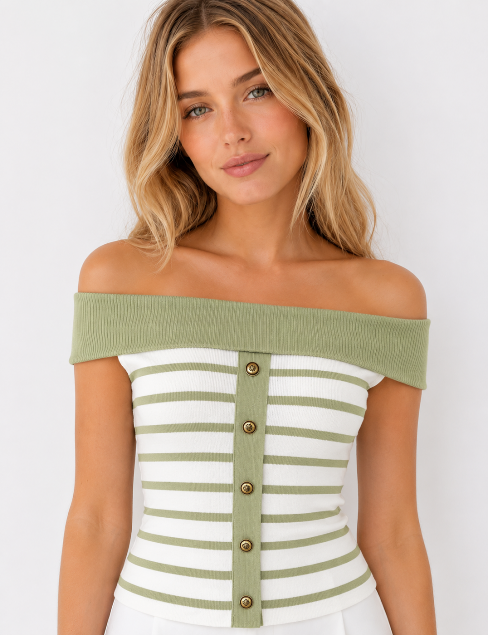 Ladies Off Shoulder Striped Button Detail Knit Top