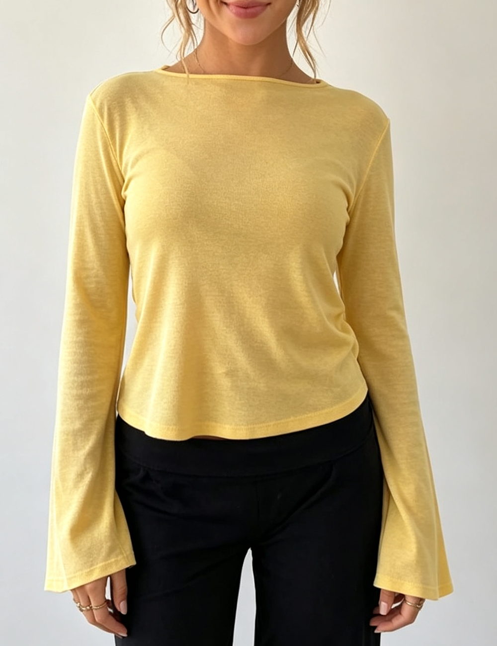 Ladies Casual Solid Round Neck Flare Sleeves Top