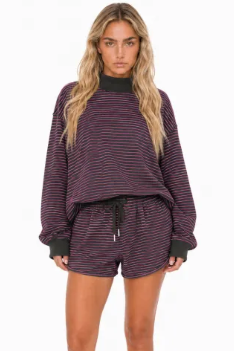 Women Fall Clothing Striped Mock Neck Sweatshirt Shorts Set