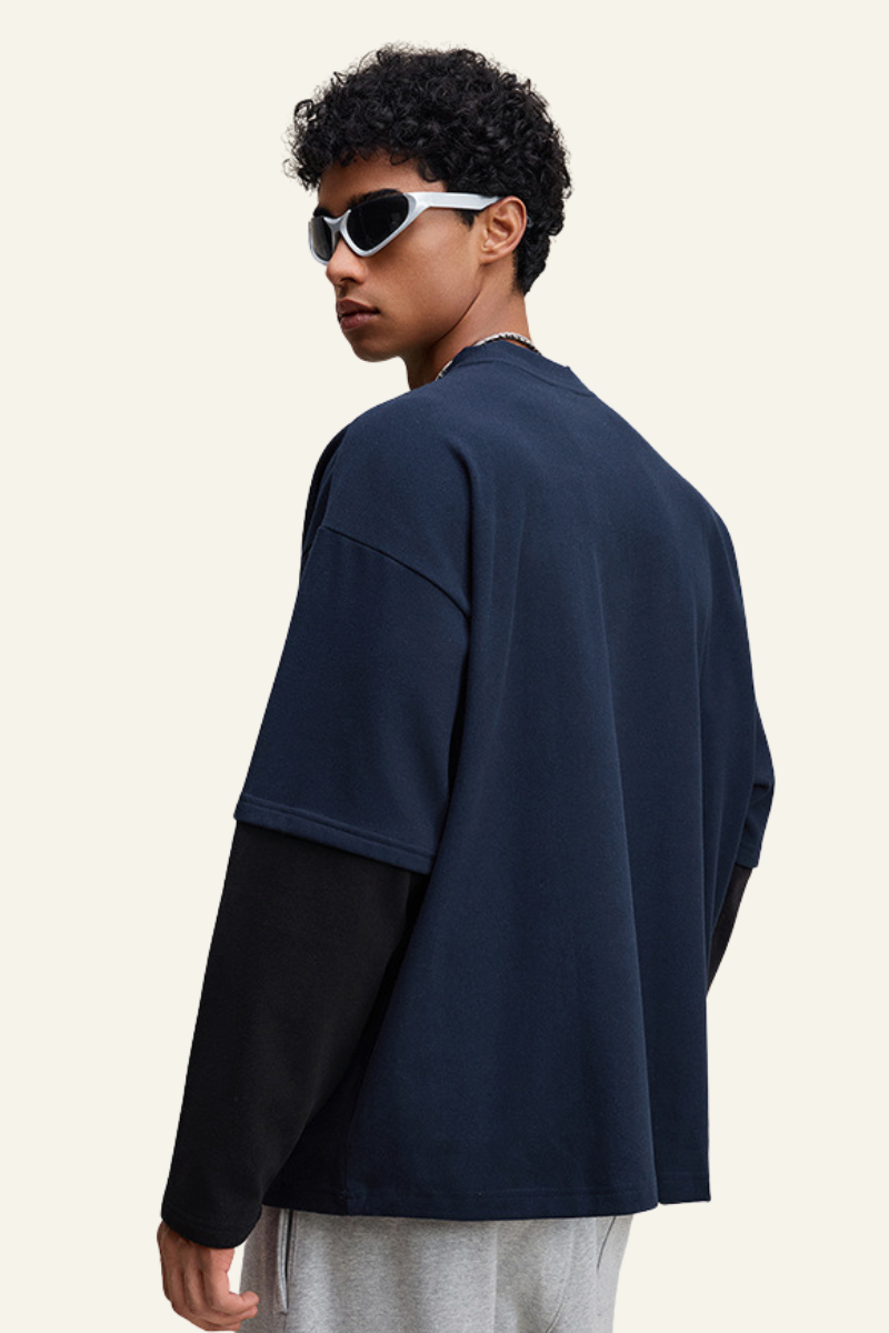 Men's Patchwork Faux-Two-Piece Long Sleeves Pullover Hoodie