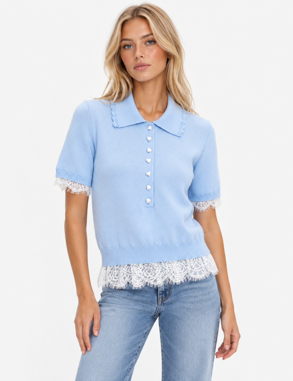 Ladies Polo Neck Lace Patchwork Short Sleeves Knit Top