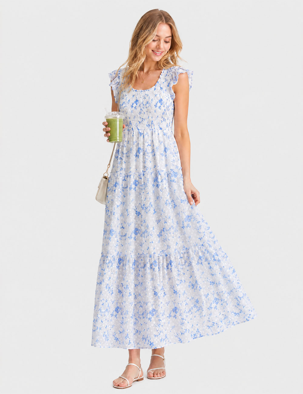 Ladies Floral Print Ruffle Sleeves Tiered Hem Smocked Maxi Dress