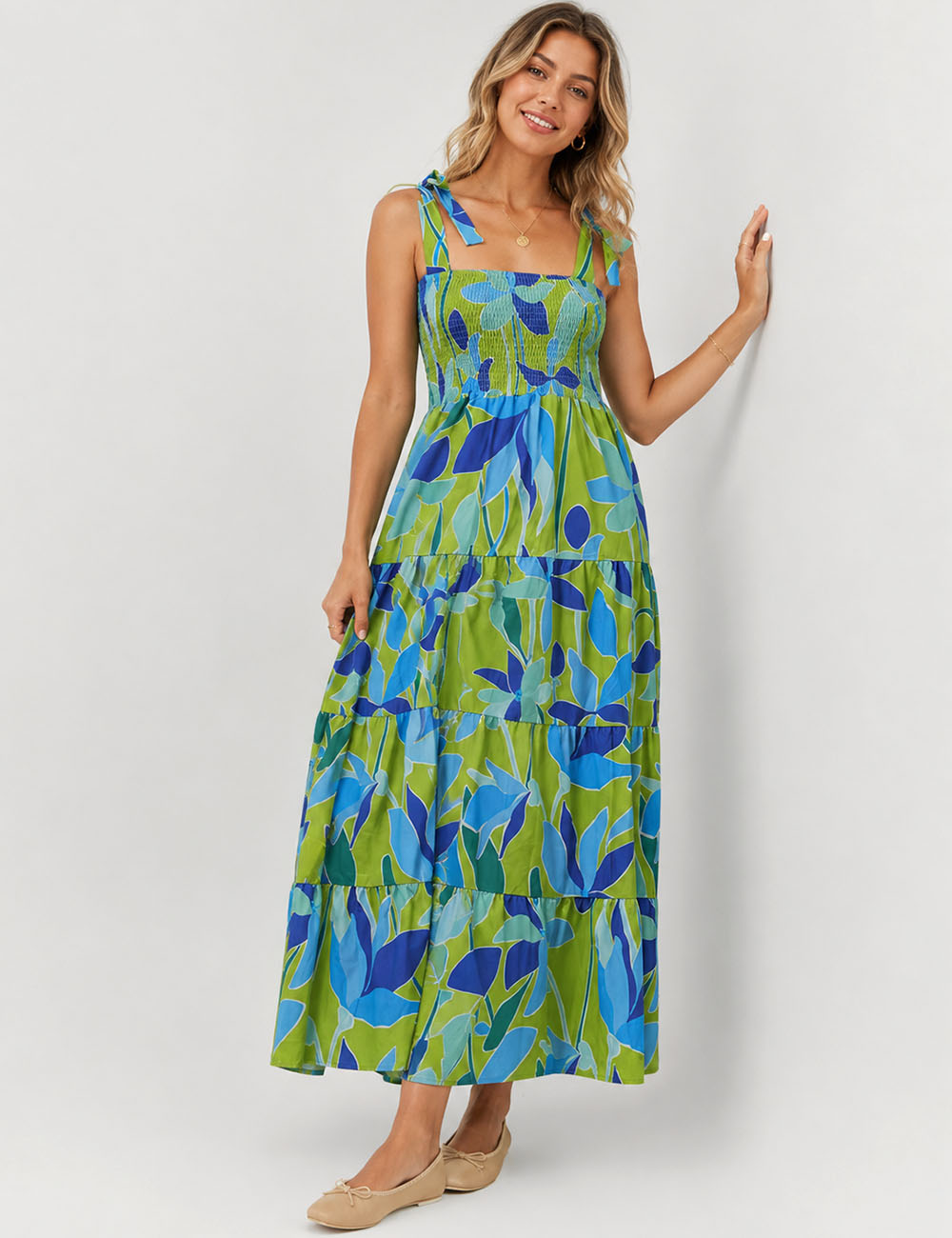 Ladies Abstract Print Smocked Tie Strap Square Neck Midi Dress
