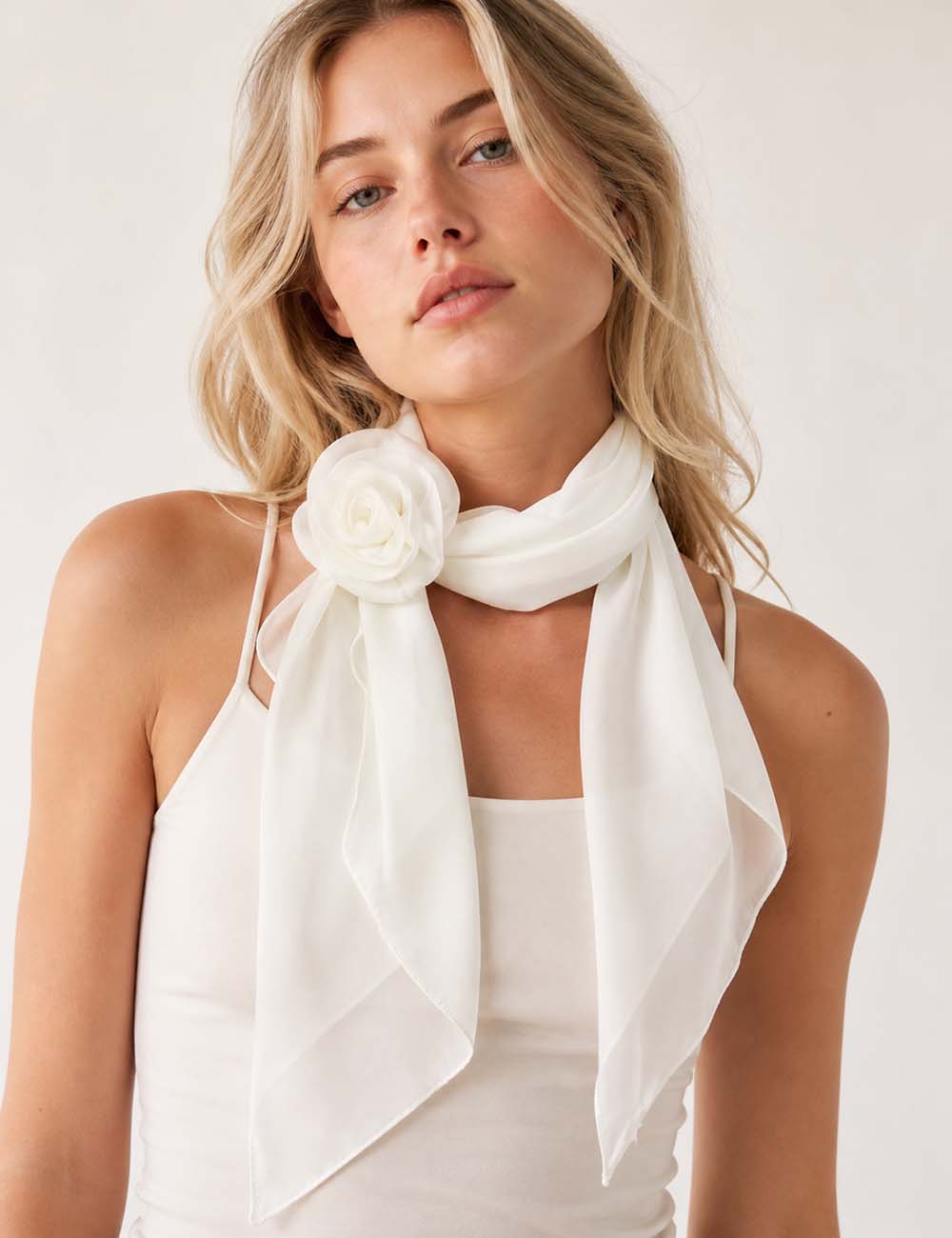 Ladies Chic Solid Color Sheer Detachable 3D Rose Chiffon Scarf
