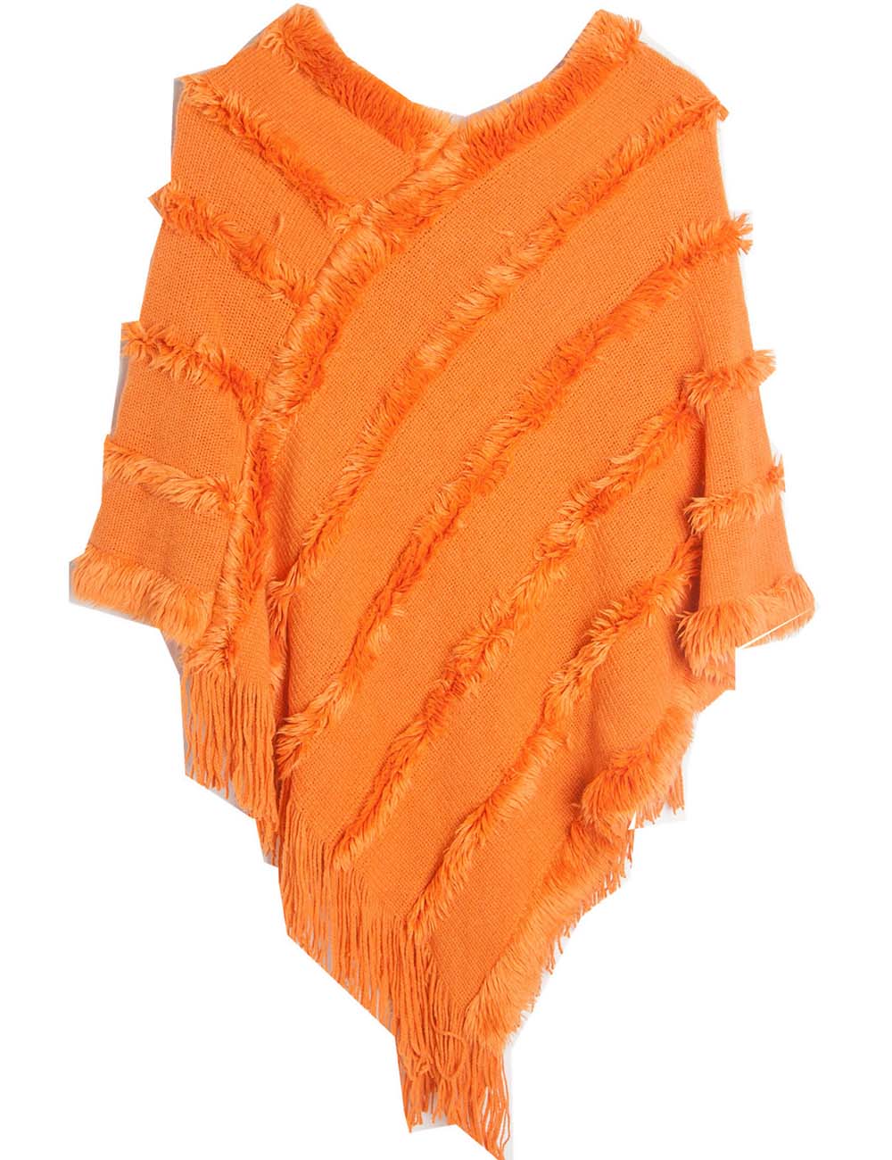 Ladies Tassel Trim Scarf V-Neck Solid Color Knit Shawl
