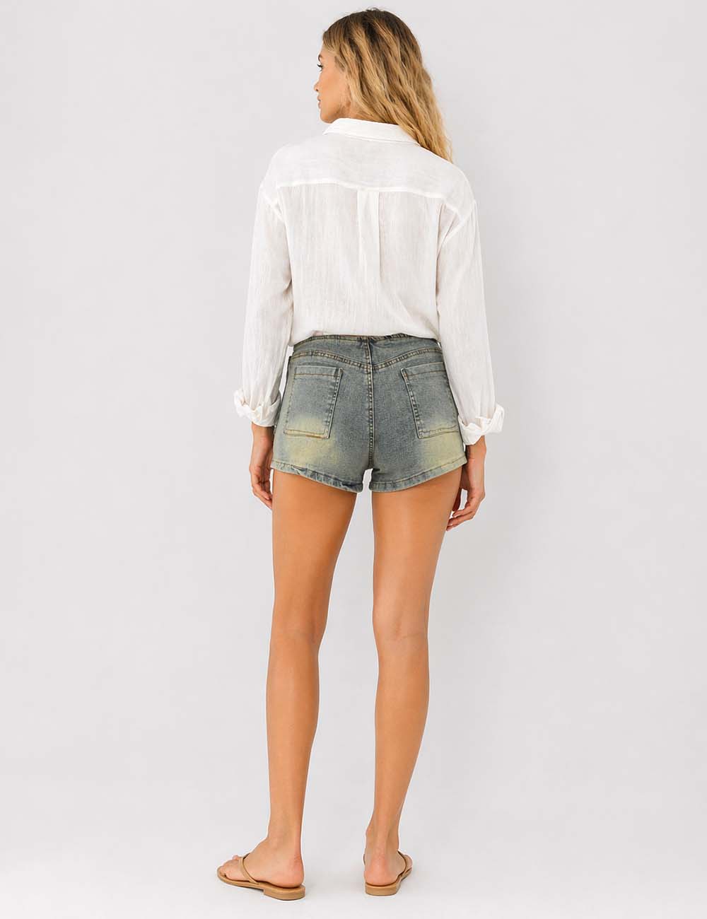 Ladies Metal Eyelet Belt Wrap Denim Mini Shorts