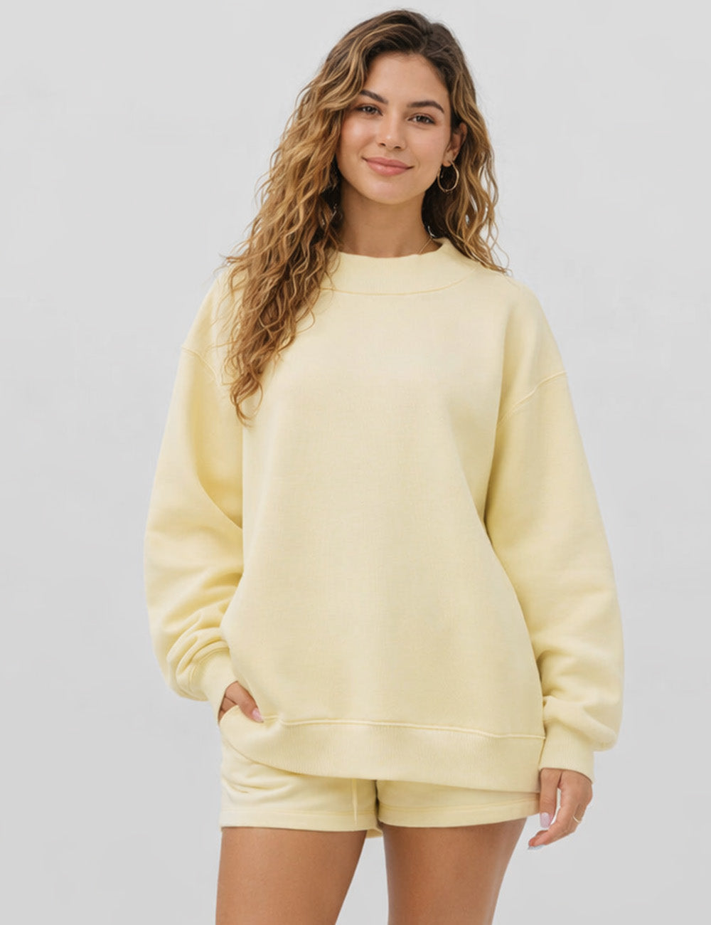 Ladies Casual Fleeced Mock Neck Sweatshirt & Shorts Matching Set