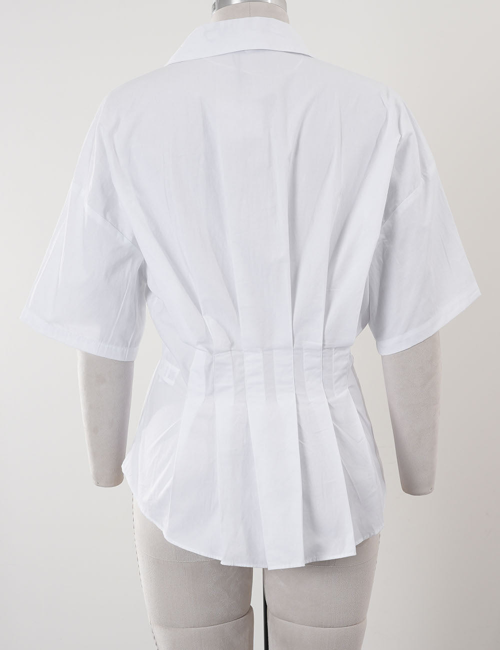 Ladies Chic Pleated Waist Shirt Collar Short Sleeves Blouse