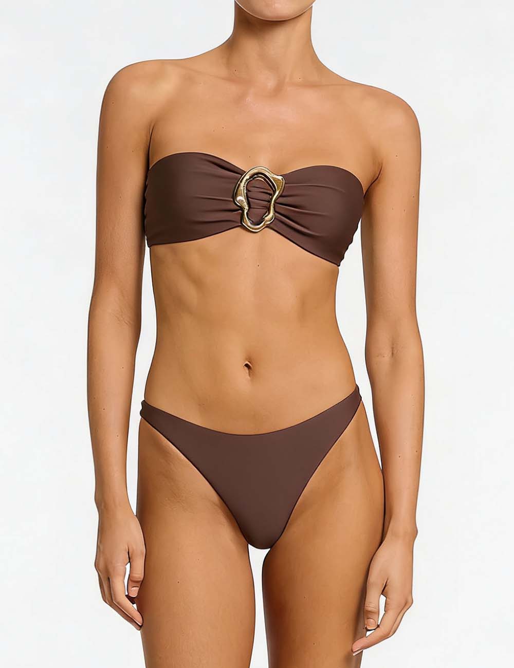 Ladies Metal Ring Ruched Strapless Bandeau Bikini Set