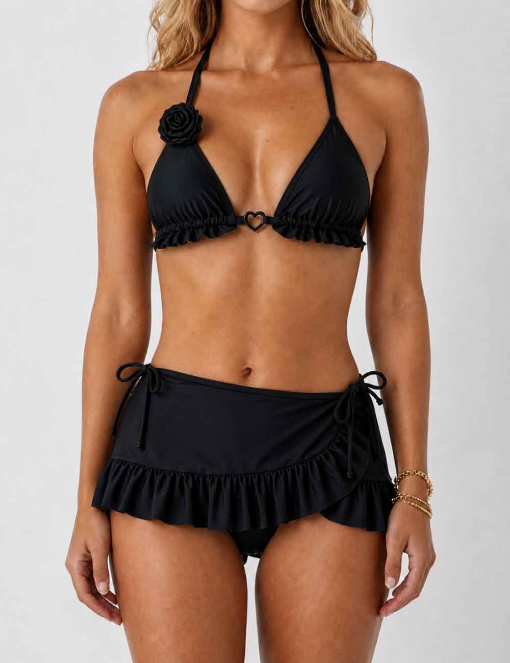 Ladies Floral Strap Ruffle Triangle Bikini Set With Mini Cover Up Skirt