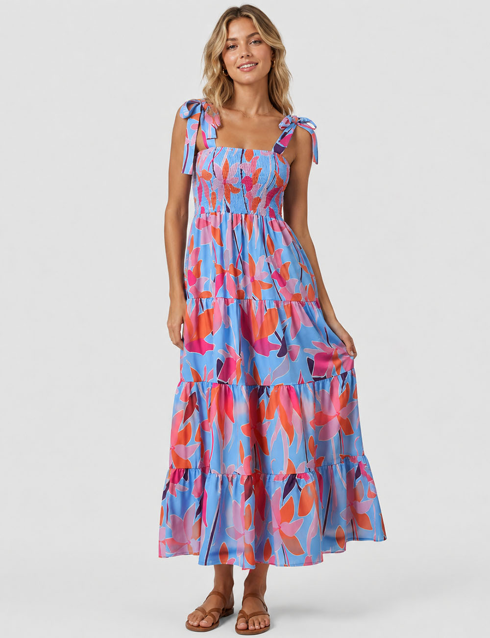 Ladies Abstract Print Smocked Tie Strap Square Neck Midi Dress