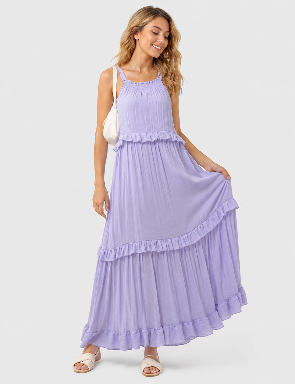 Ladies Boho Ruffle Tiered Hem Sleeveless Solid Color Maxi Dress