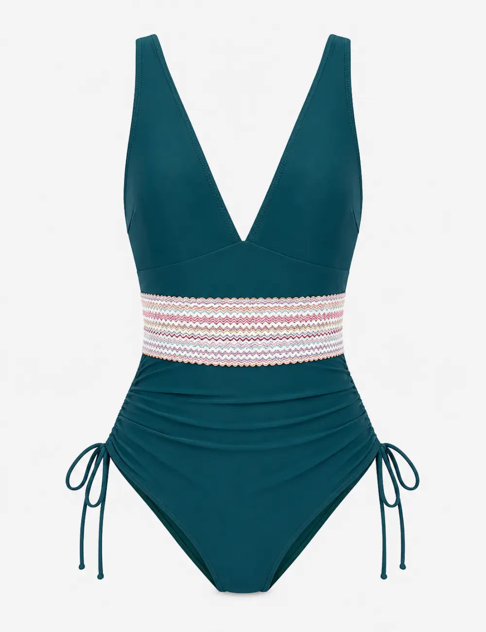 Ladies Deep V-Neck Adjustable Side Drawstring One Piece Swimsuit