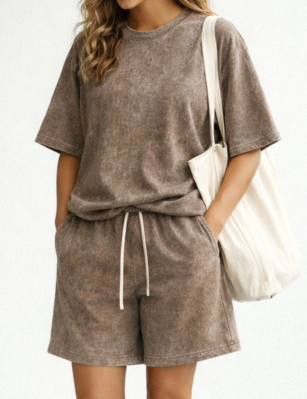 Ladies Washed Round Neck Short Sleeves T-shirt & Shorts Matching Set