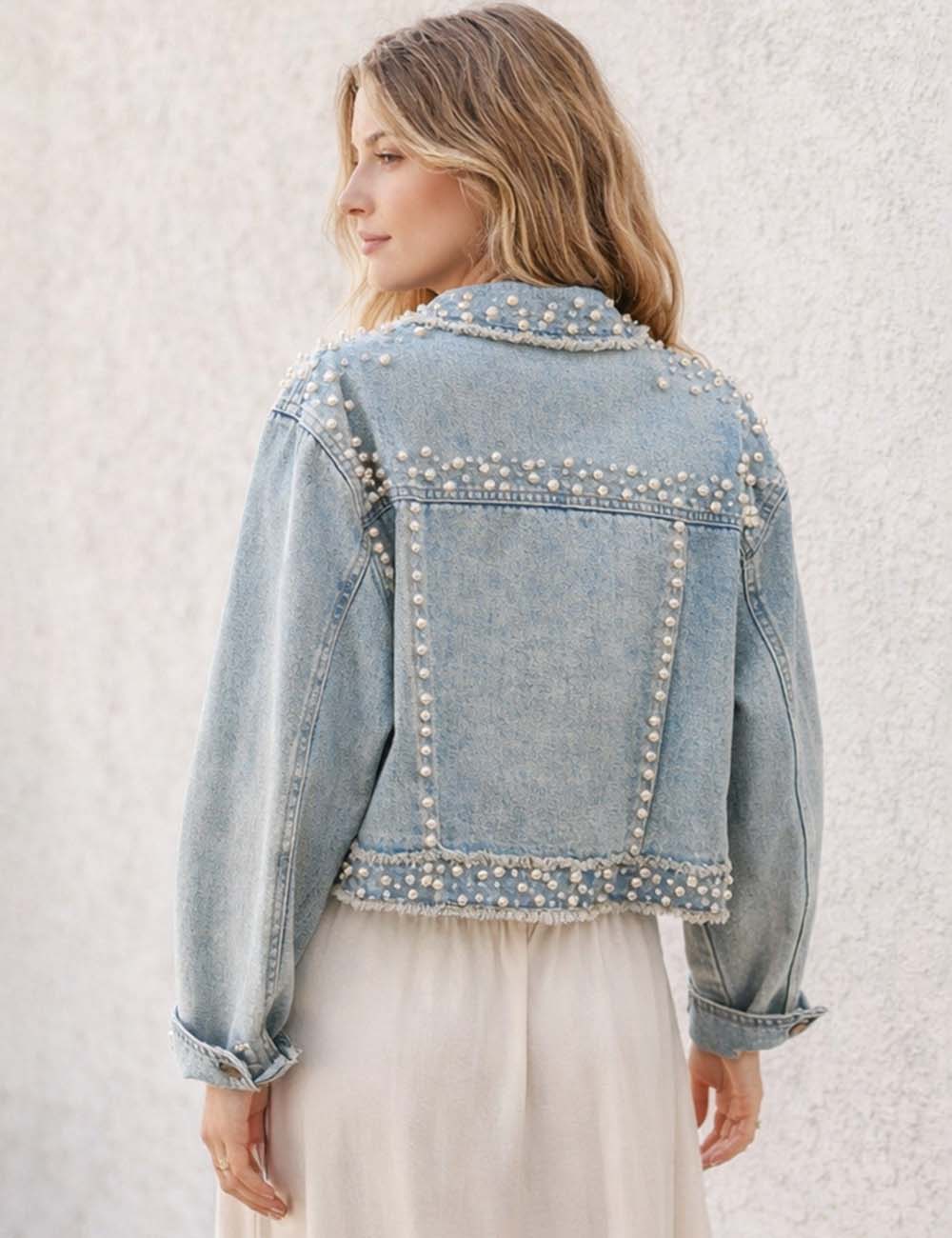 Ladies Faux Pearl Beaded Frayed Hem Cropped Denim Jacket