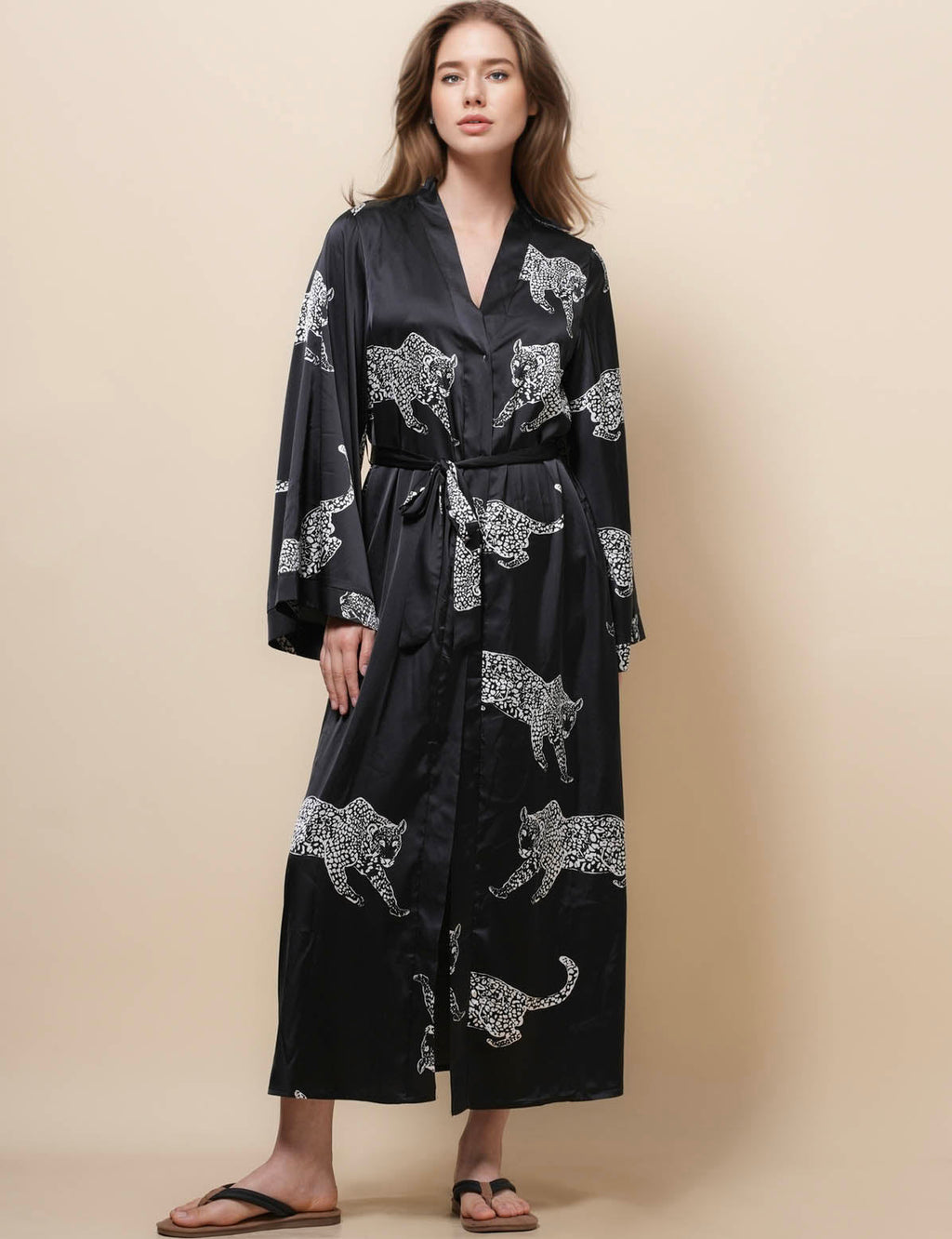 Ladies V-Neck Long Sleeves Waist Tie Pajama Robe SKRB50501