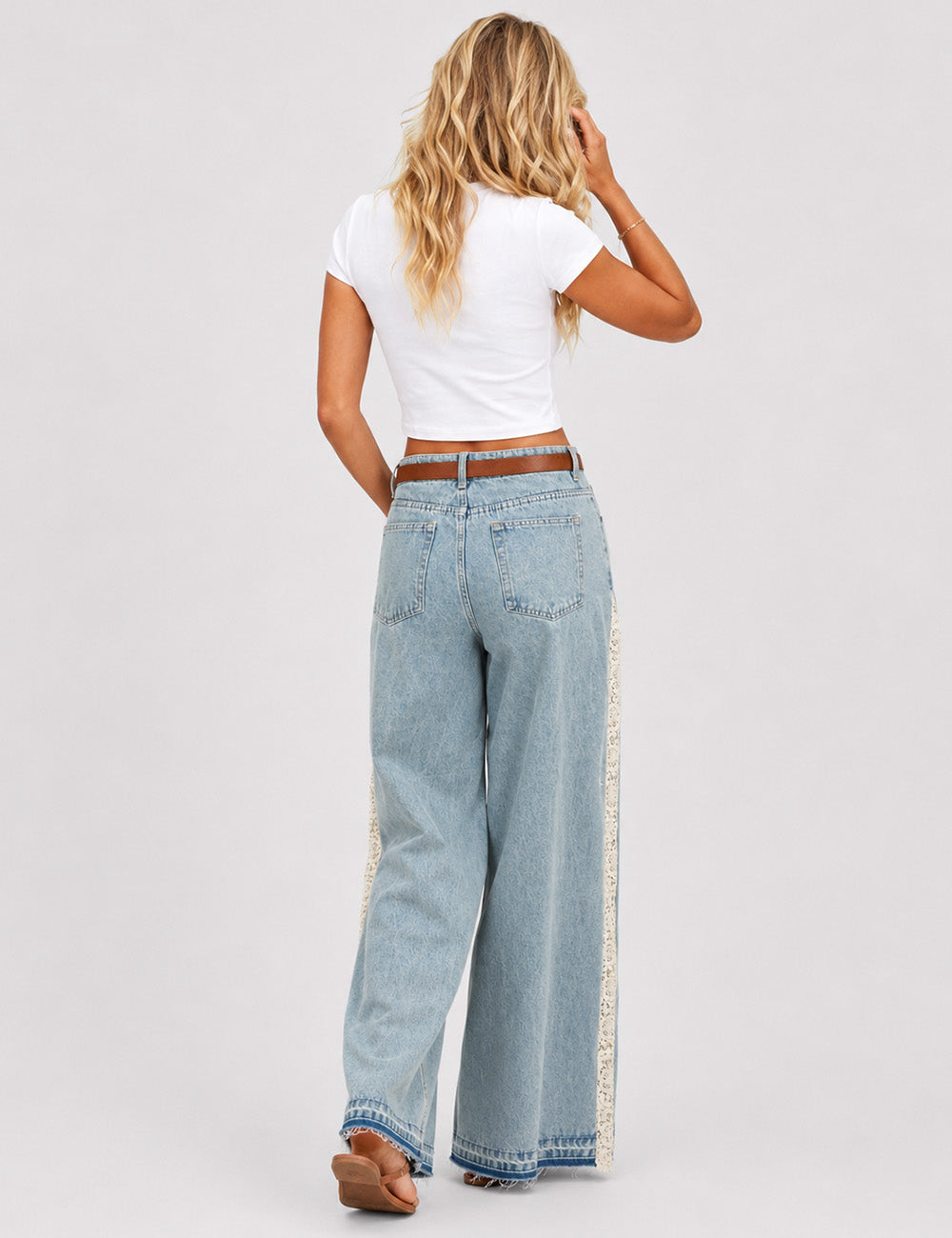 Ladies Lace Panel Washed Jeans Wide Leg Denim Pants