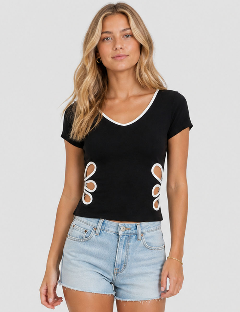 Ladies Color Block V-Neck Side Cutout Short Sleeves T-Shirt