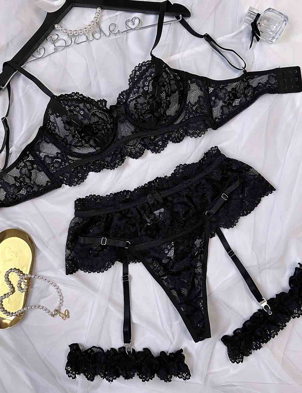Ladies Floral Lace See Through 3PCS Lingerie Set 8HF1129