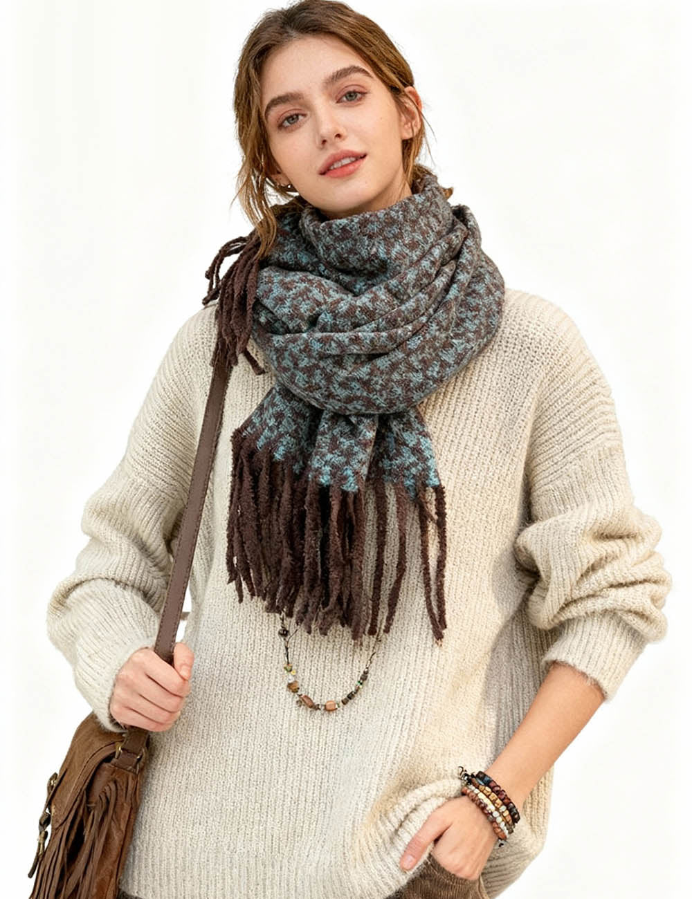 Ladies Vintage Floral Jacquard Fringe Oblong Knit Scarf
