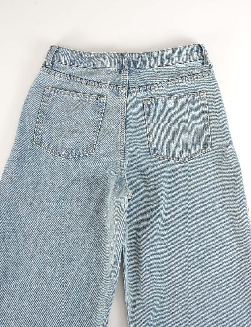Ladies Lace Panel Washed Jeans Wide Leg Denim Pants