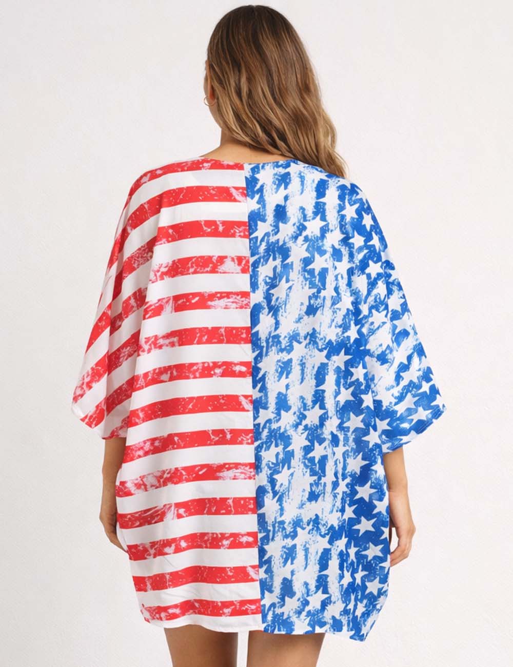 Ladies 4th of July Striped Star Print Kimono Sleeves Beach Cover Up