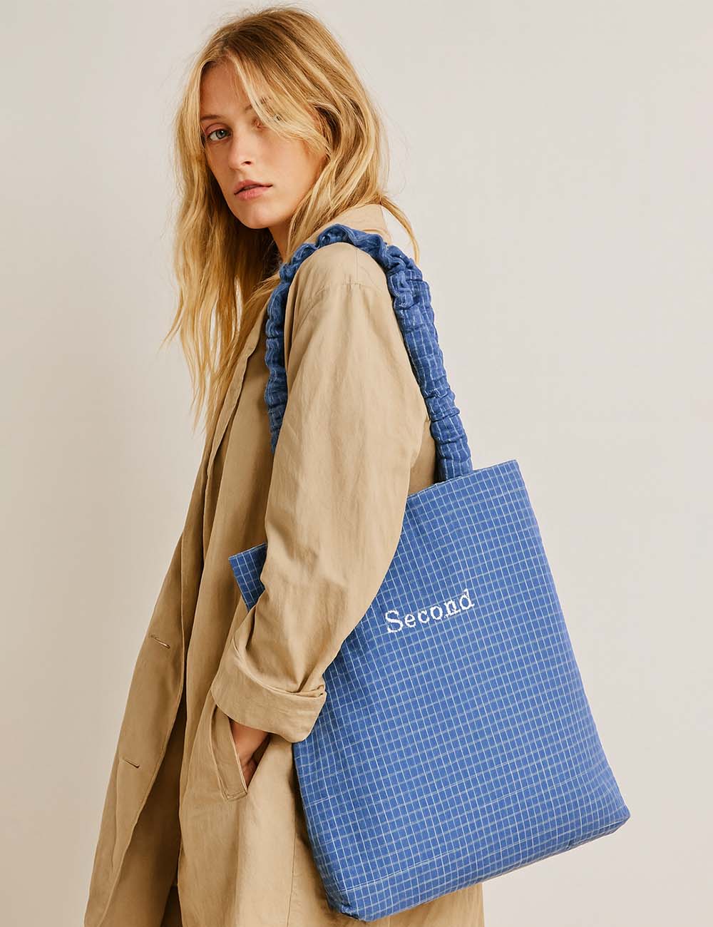 Ladies Plaid Gingham Letter Embroidery Shoulder Tote Bag