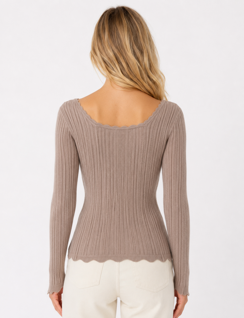Ladies Ribbed Scoop Neck Long Sleeve Top
