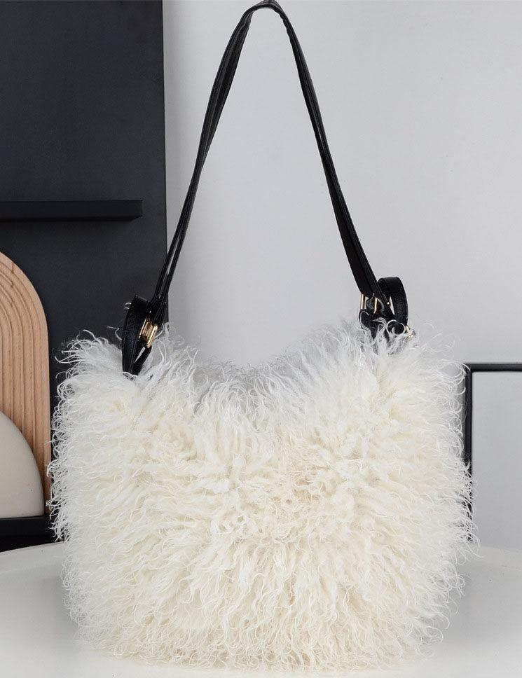 Ladies Faux Mongolian Fur Tote Two Shoulder Bag SKAB4094