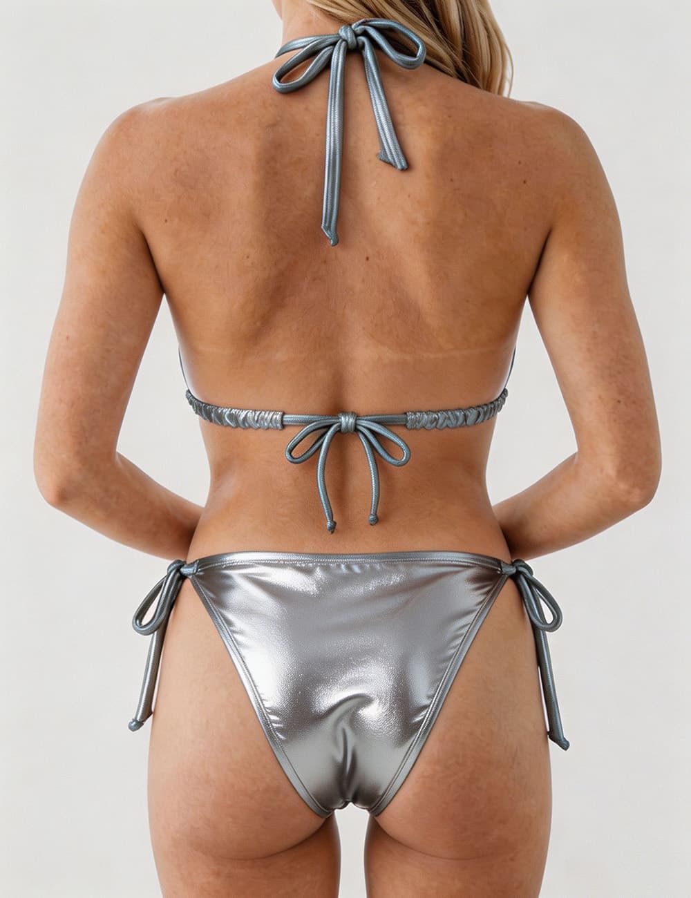 Ladies Metallic Pearl Ring Halter Triangle 2 Piece Bikini Set