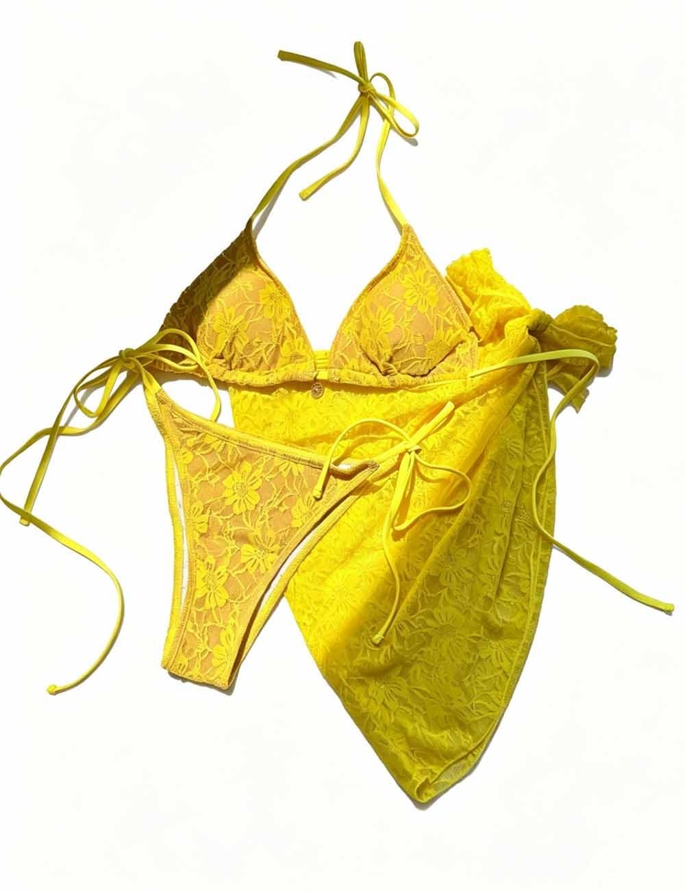 Ladies Floral Lace Mesh Triangle Bikini Set with Sarong Set