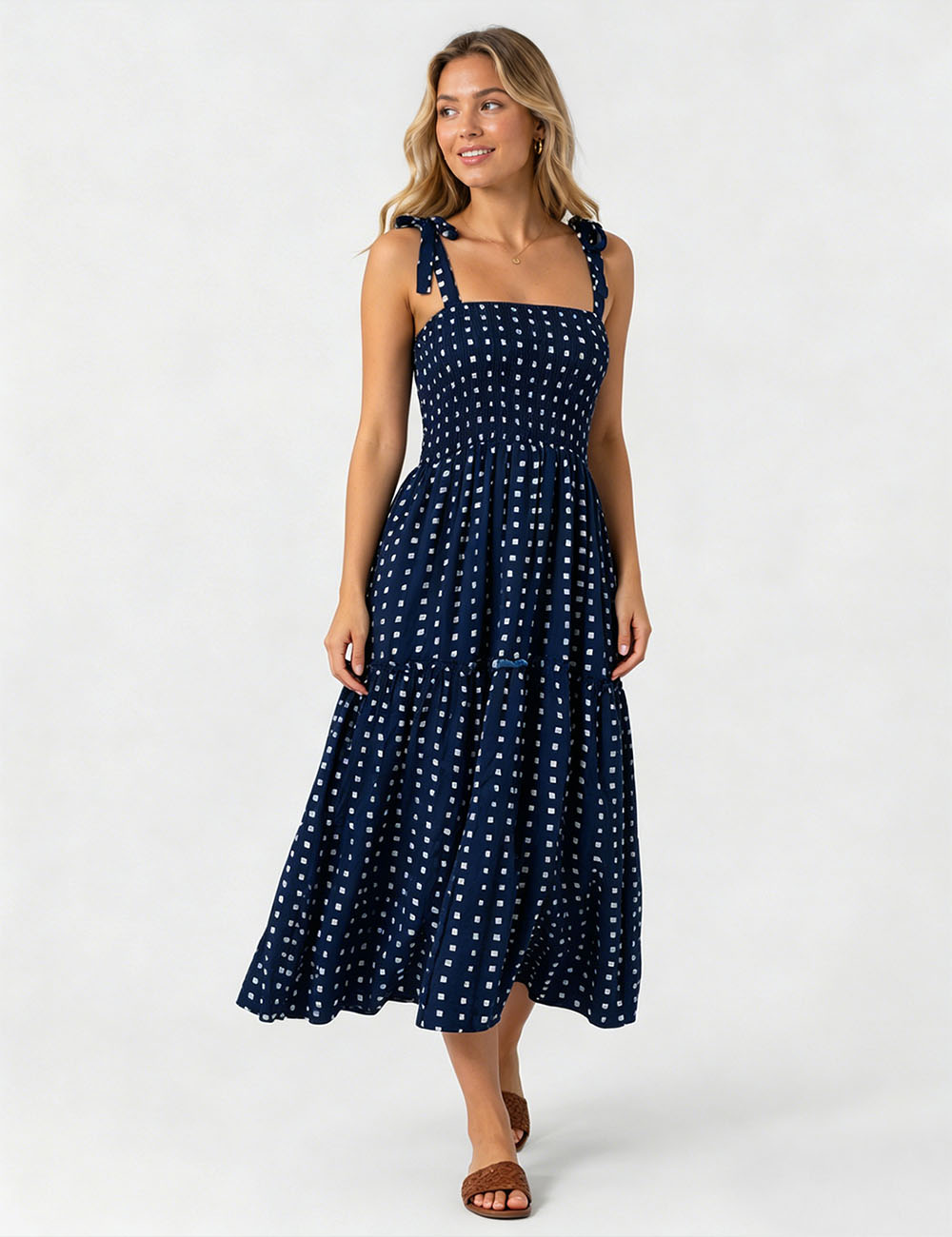 Ladies Abstract Print Smocked Tie Strap Square Neck Midi Dress