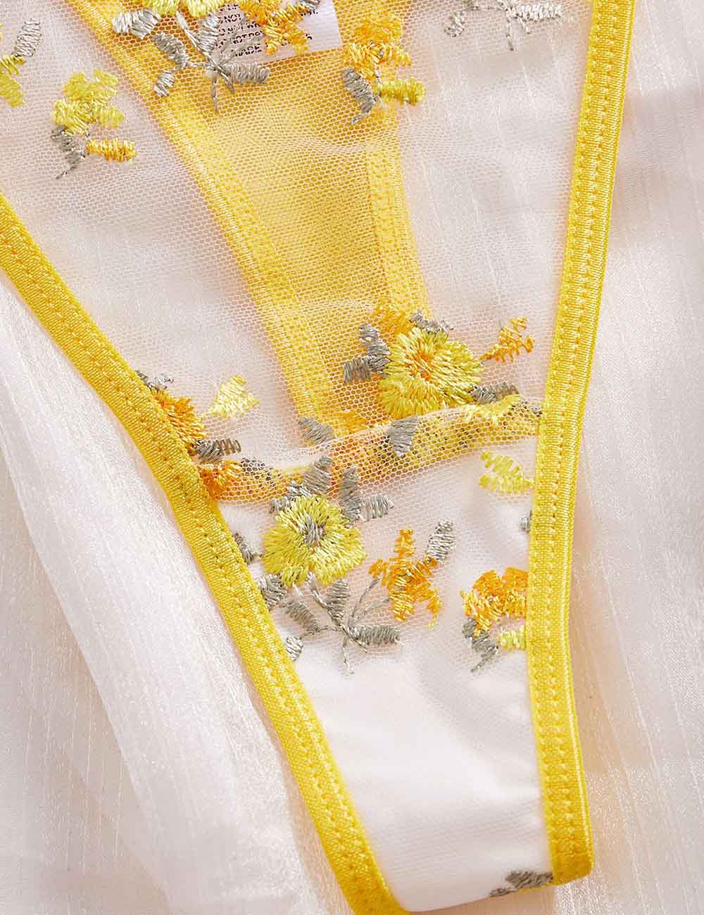 Ladies Sexy Sheer Floral Embroidery Thong 2PCS Lingerie Set