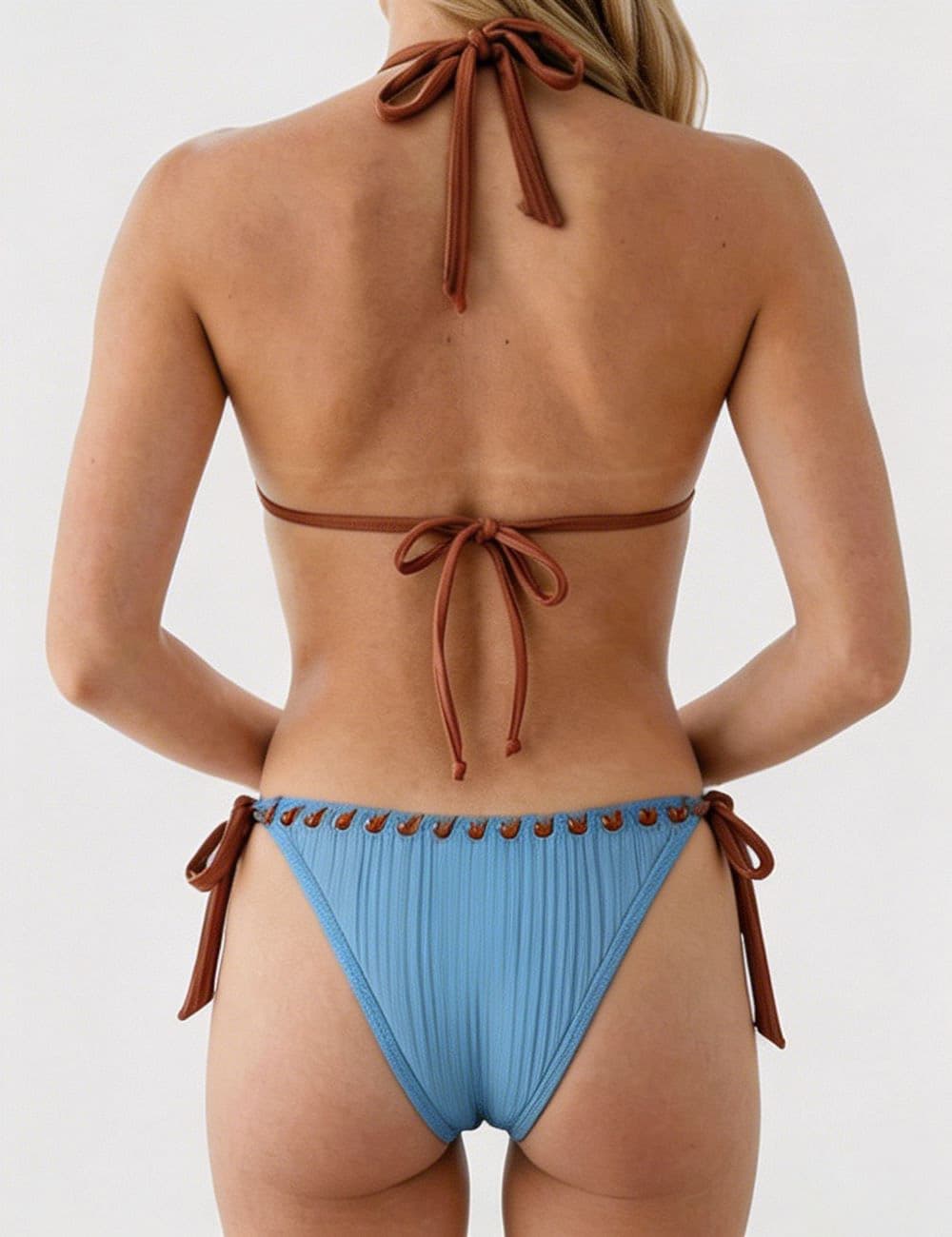 Ladies Braided Trim Ribbed Halter Triangle 2 Piece Bikini Set