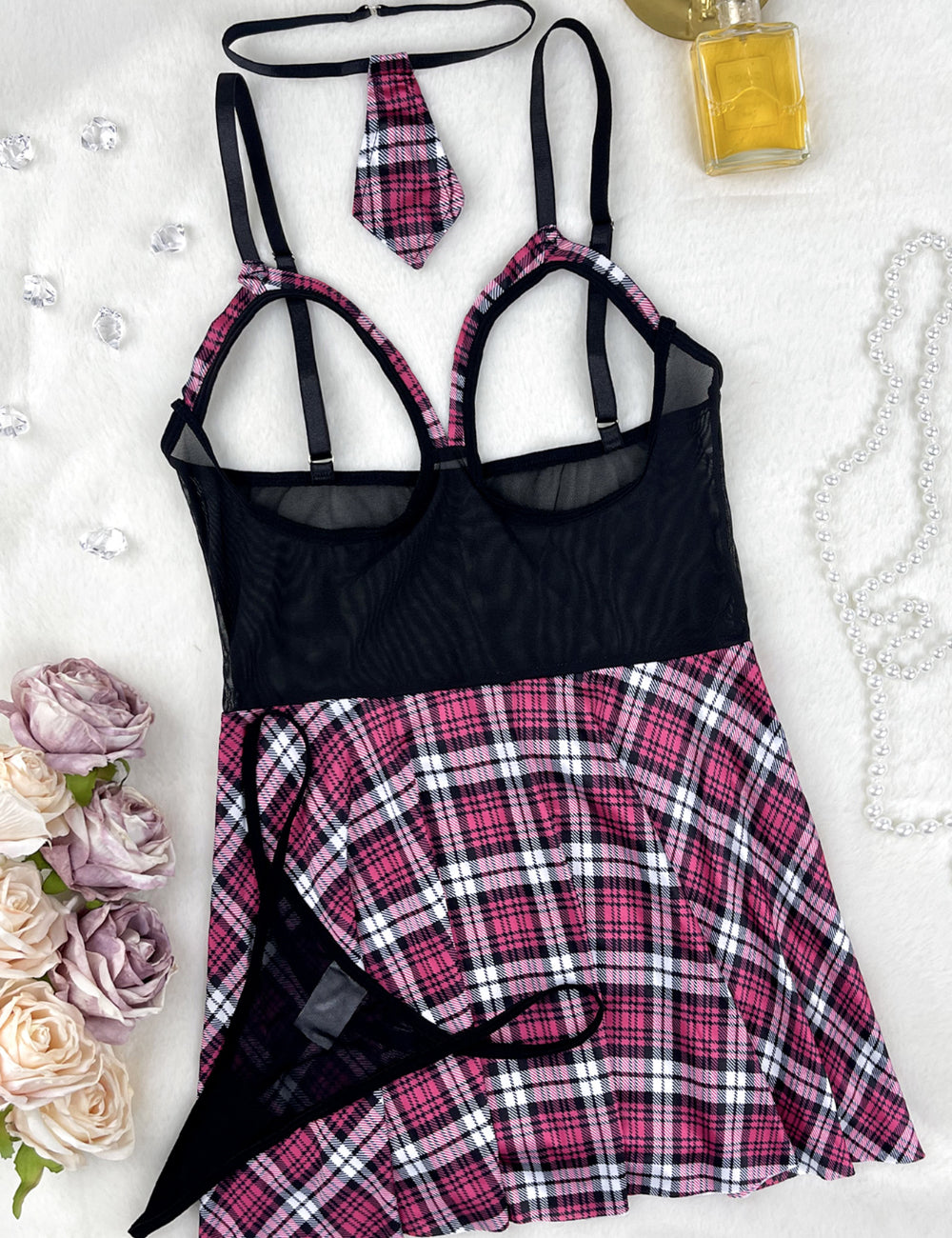 Ladies Spicy Plaid Print 4PCS Costume Chemise Set SKLG4055