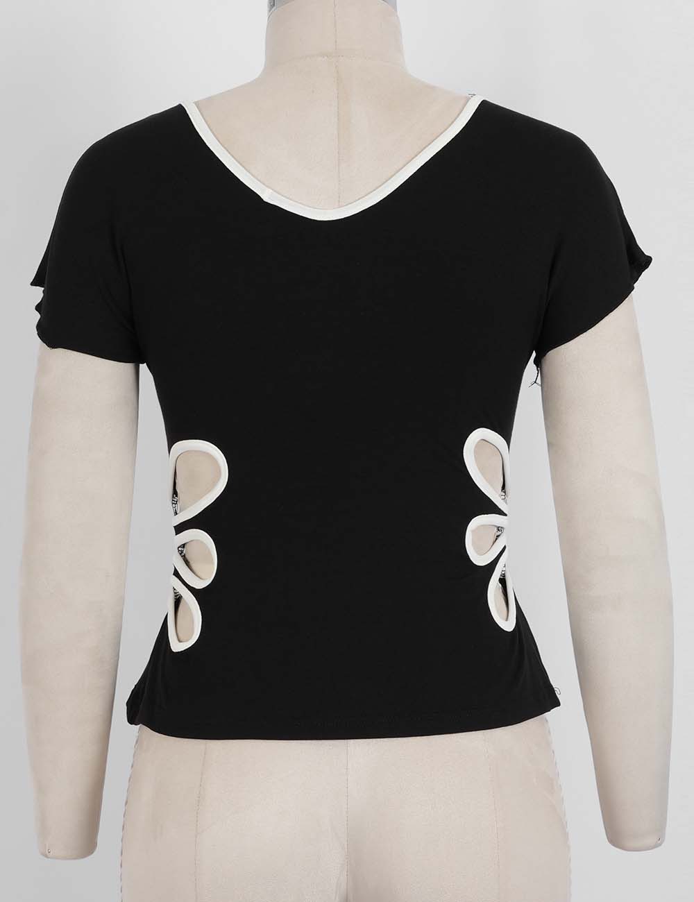 Ladies Color Block V-Neck Side Cutout Short Sleeves T-Shirt